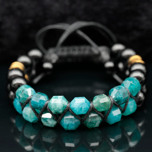 Natural Apatite & Black Onyx Beaded Double Row Macrame Bracelet - ElisaJewelryArt