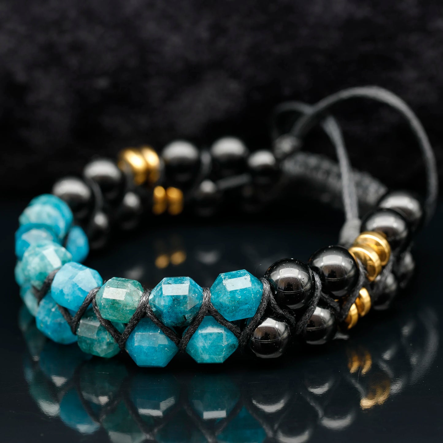 Natural Apatite & Black Onyx Beaded Double Row Macrame Bracelet - ElisaJewelryArt