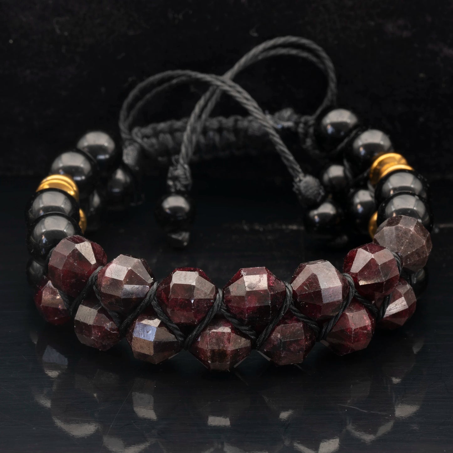 Natural Garnet & Black Onyx Beaded Double Row Macrame Bracelet - ElisaJewelryArt