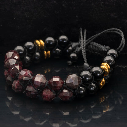 Natural Garnet & Black Onyx Beaded Double Row Macrame Bracelet - ElisaJewelryArt