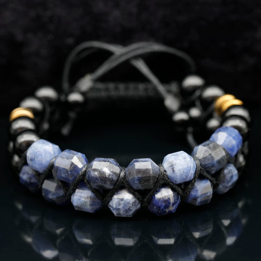 Natural Sodalite & Black Onyx Beaded Double Row Macrame Bracelet - ElisaJewelryArt