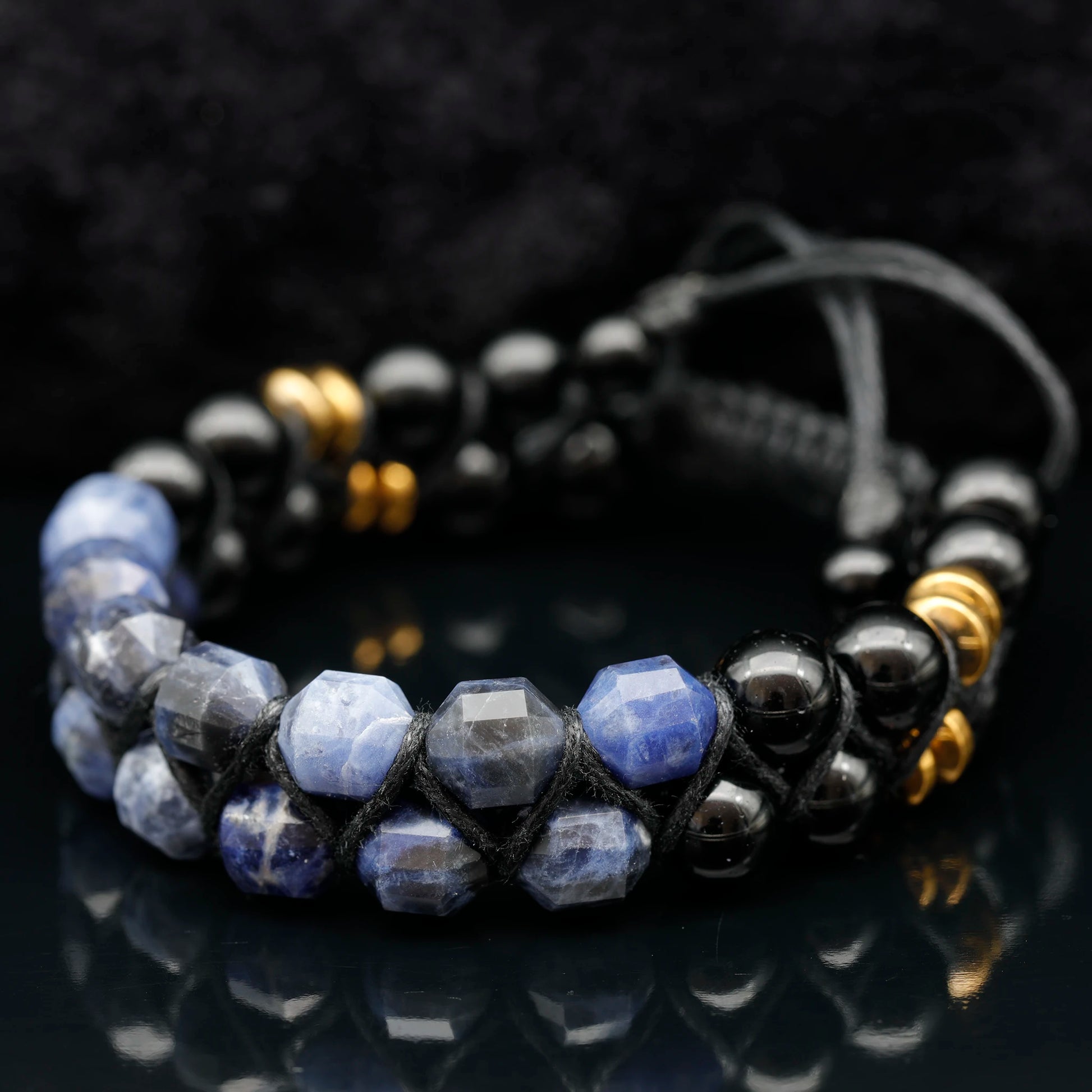 Natural Sodalite & Black Onyx Beaded Double Row Macrame Bracelet - ElisaJewelryArt