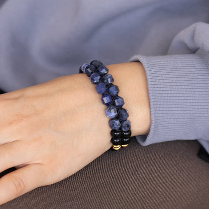 Natural Sodalite & Black Onyx Beaded Double Row Macrame Bracelet - ElisaJewelryArt