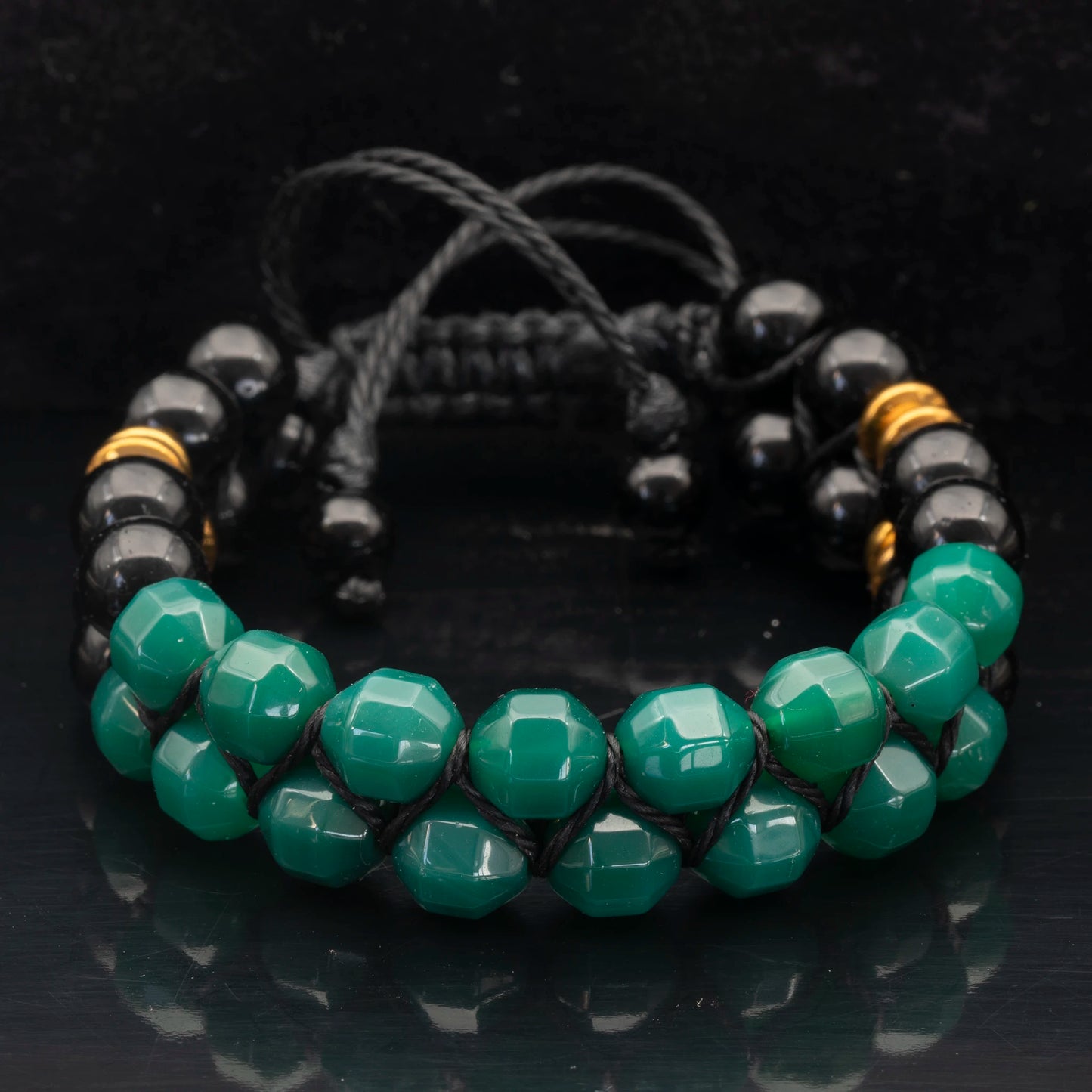 Natural Nephrite Jade & Black Onyx Beaded Double Row Macrame Bracelet - ElisaJewelryArt