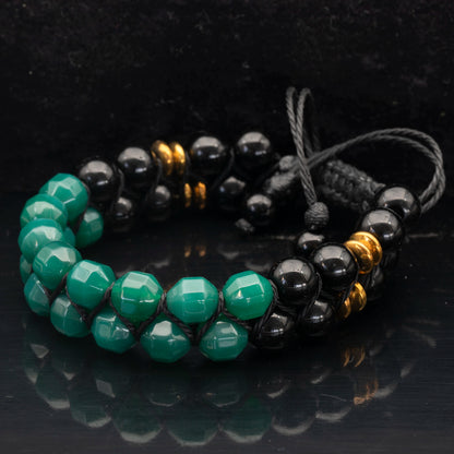 Natural Nephrite Jade & Black Onyx Beaded Double Row Macrame Bracelet - ElisaJewelryArt