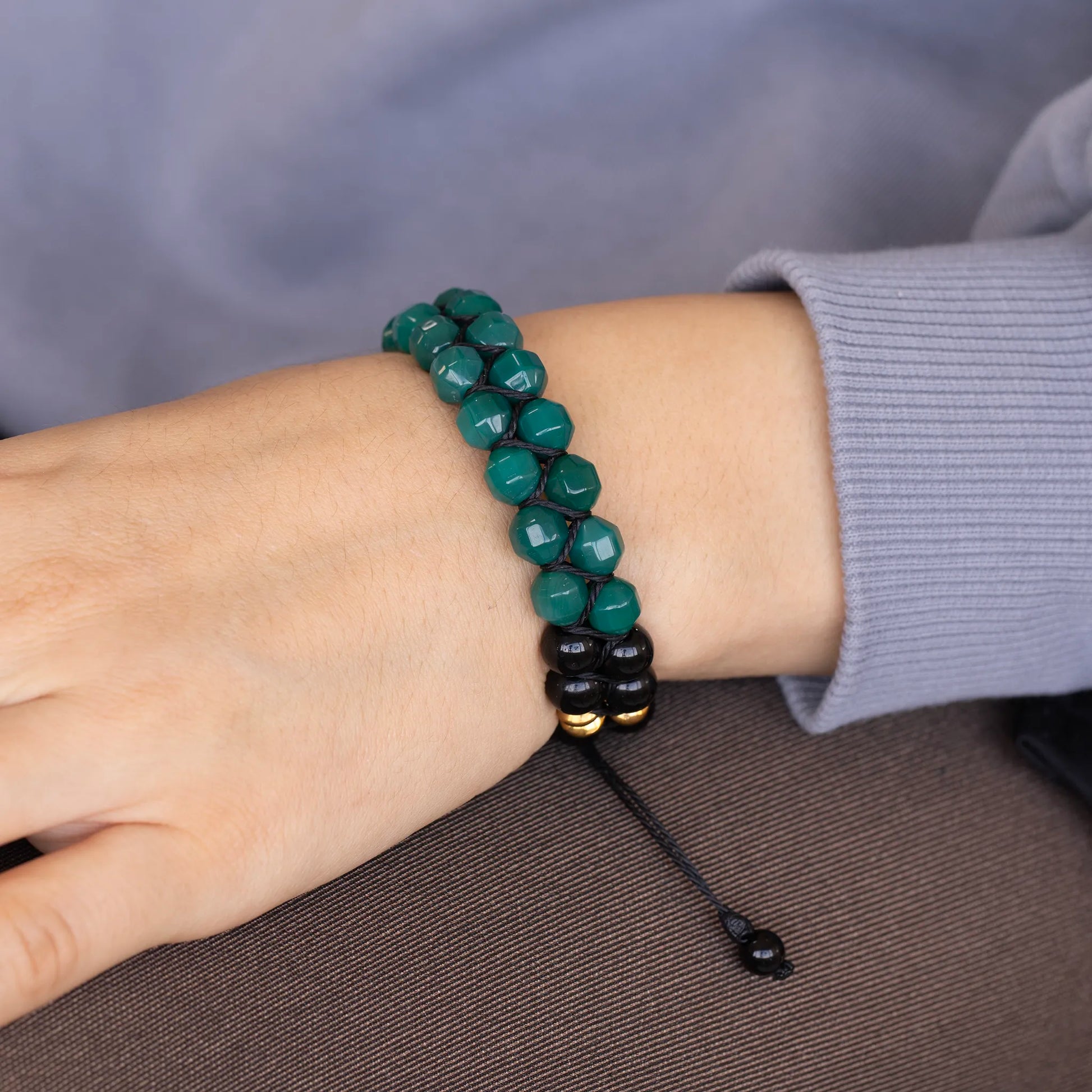 Natural Nephrite Jade & Black Onyx Beaded Double Row Macrame Bracelet - ElisaJewelryArt