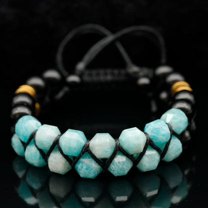 Natural Amazonite & Black Onyx Beaded Double Row Macrame Bracelet - ElisaJewelryArt