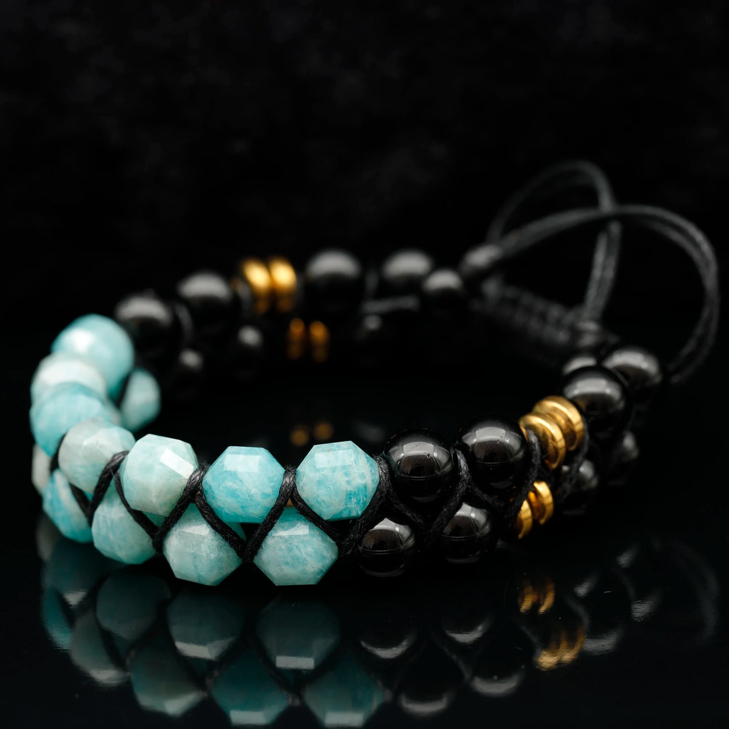 Natural Amazonite & Black Onyx Beaded Double Row Macrame Bracelet - ElisaJewelryArt