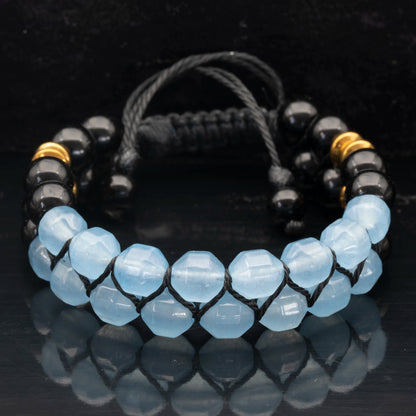 Natural Aquamarine & Black Onyx Beaded Double Row Macrame Bracelet - ElisaJewelryArt