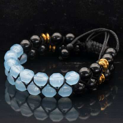 Natural Aquamarine & Black Onyx Beaded Double Row Macrame Bracelet - ElisaJewelryArt