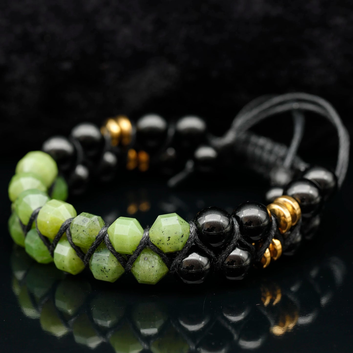 Natural Canadian Green Jade & Black Onyx Beaded Double Row Macrame Bracelet - ElisaJewelryArt