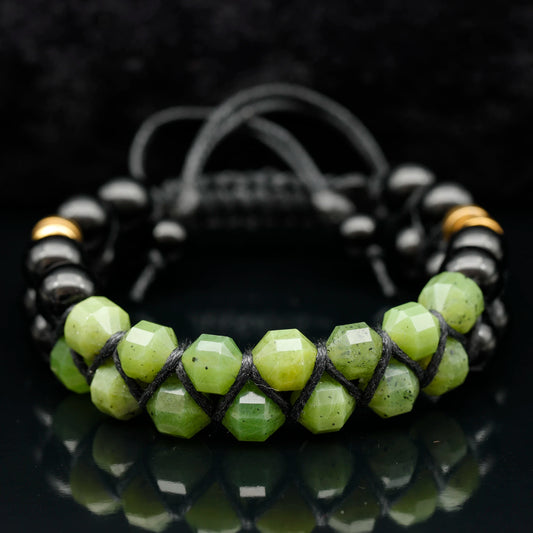 Natural Canadian Green Jade & Black Onyx Beaded Double Row Macrame Bracelet - ElisaJewelryArt