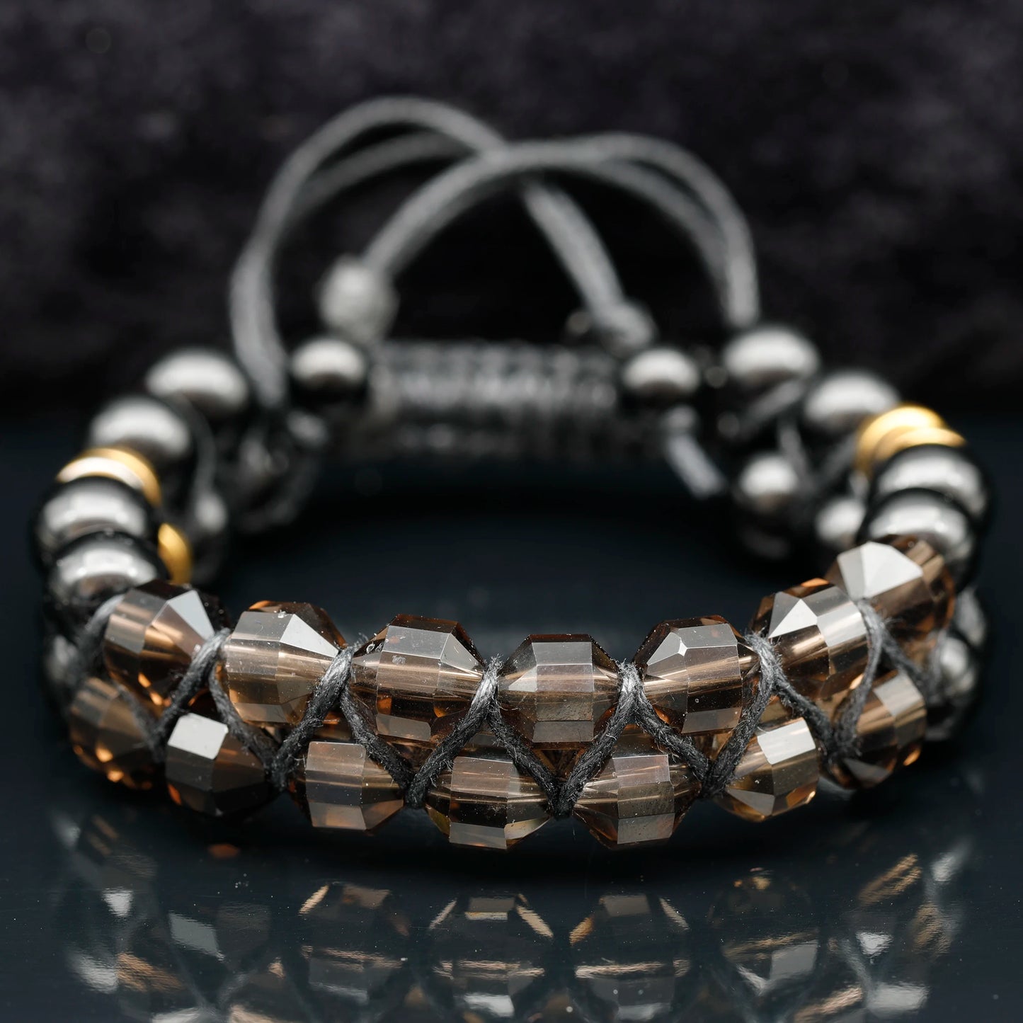 Natural Smoky Quartz & Black Onyx Beaded Double Row Macrame Bracelet - ElisaJewelryArt