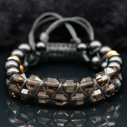 Natural Smoky Quartz & Black Onyx Beaded Double Row Macrame Bracelet - ElisaJewelryArt