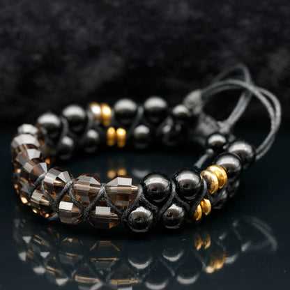 Natural Smoky Quartz & Black Onyx Beaded Double Row Macrame Bracelet - ElisaJewelryArt