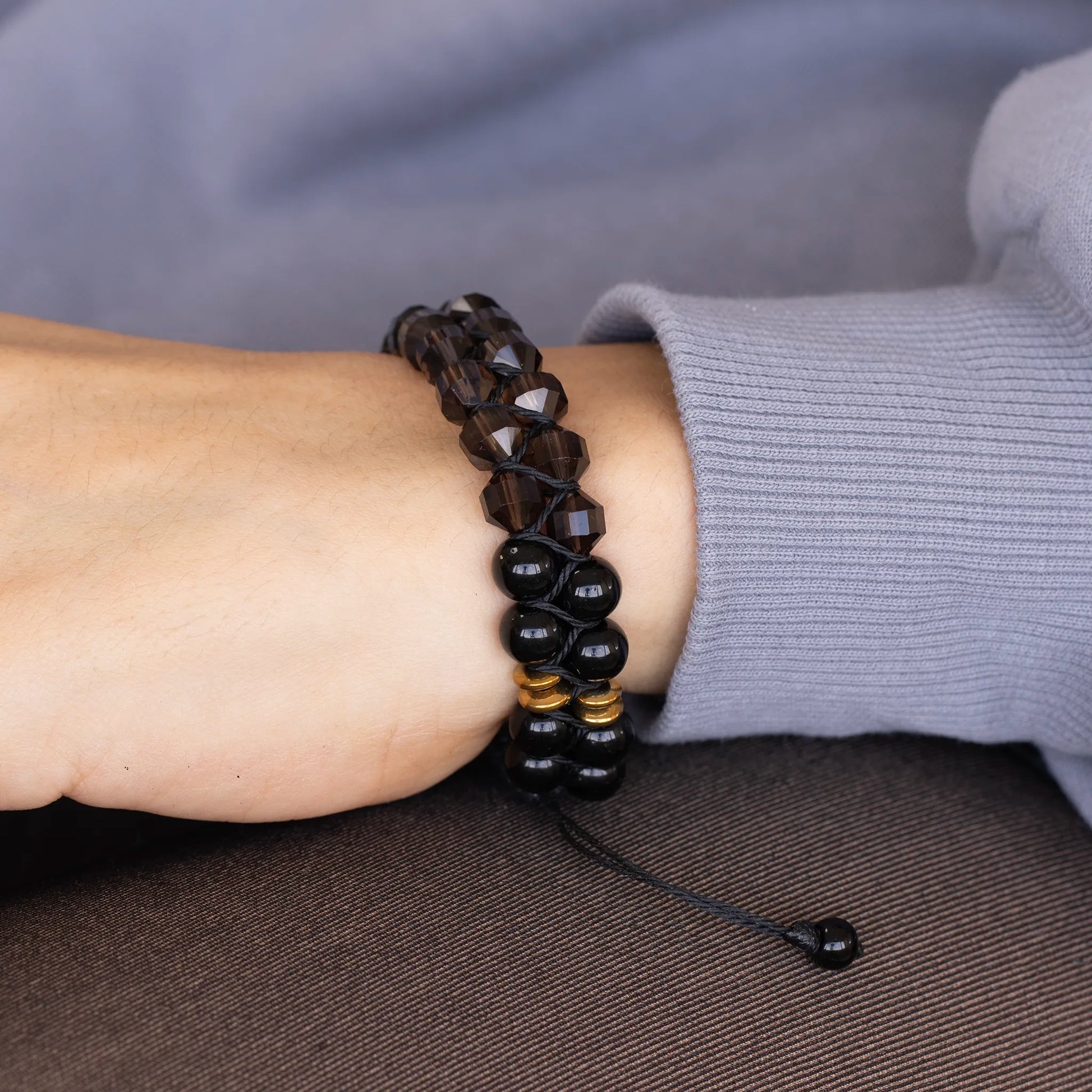 Natural Smoky Quartz & Black Onyx Beaded Double Row Macrame Bracelet - ElisaJewelryArt