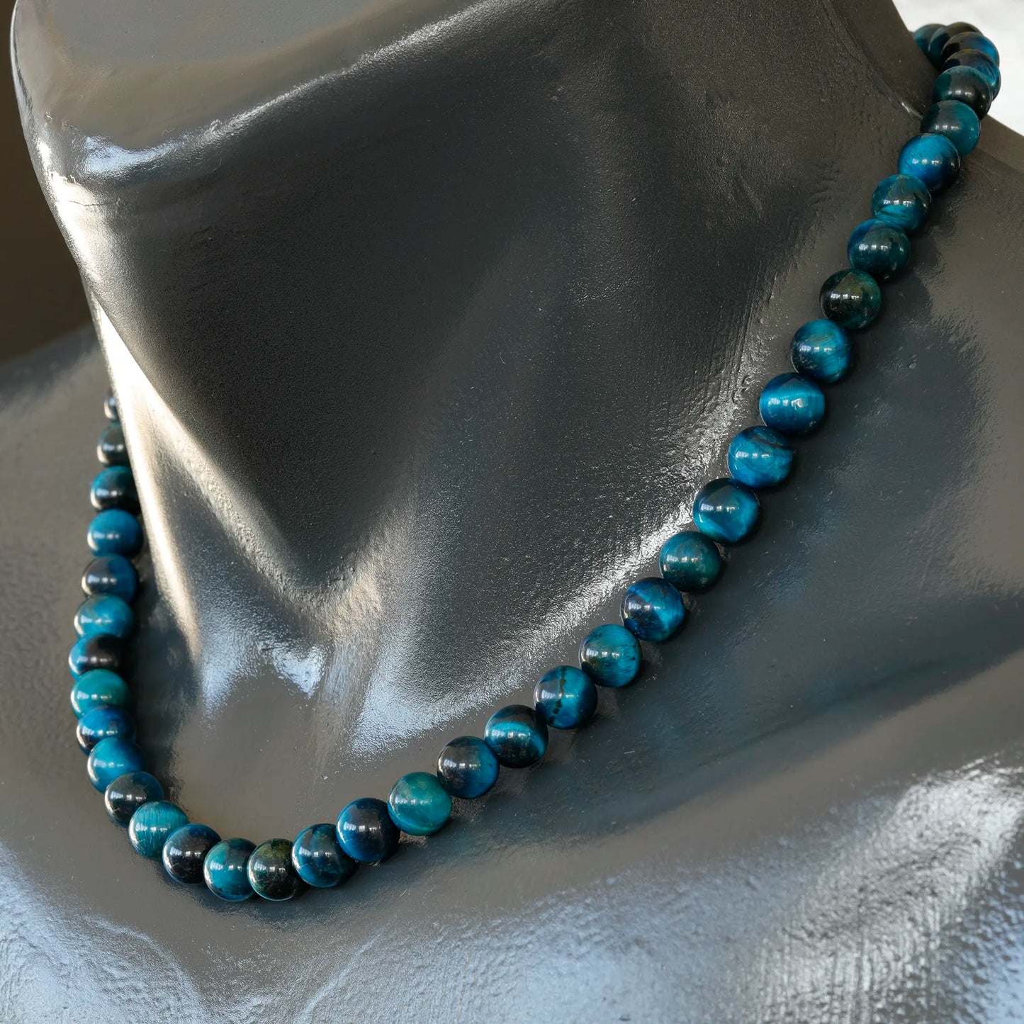 Natural Blue Tiger Eye Beaded Clasp Choker Necklace - ElisaJewelryArt