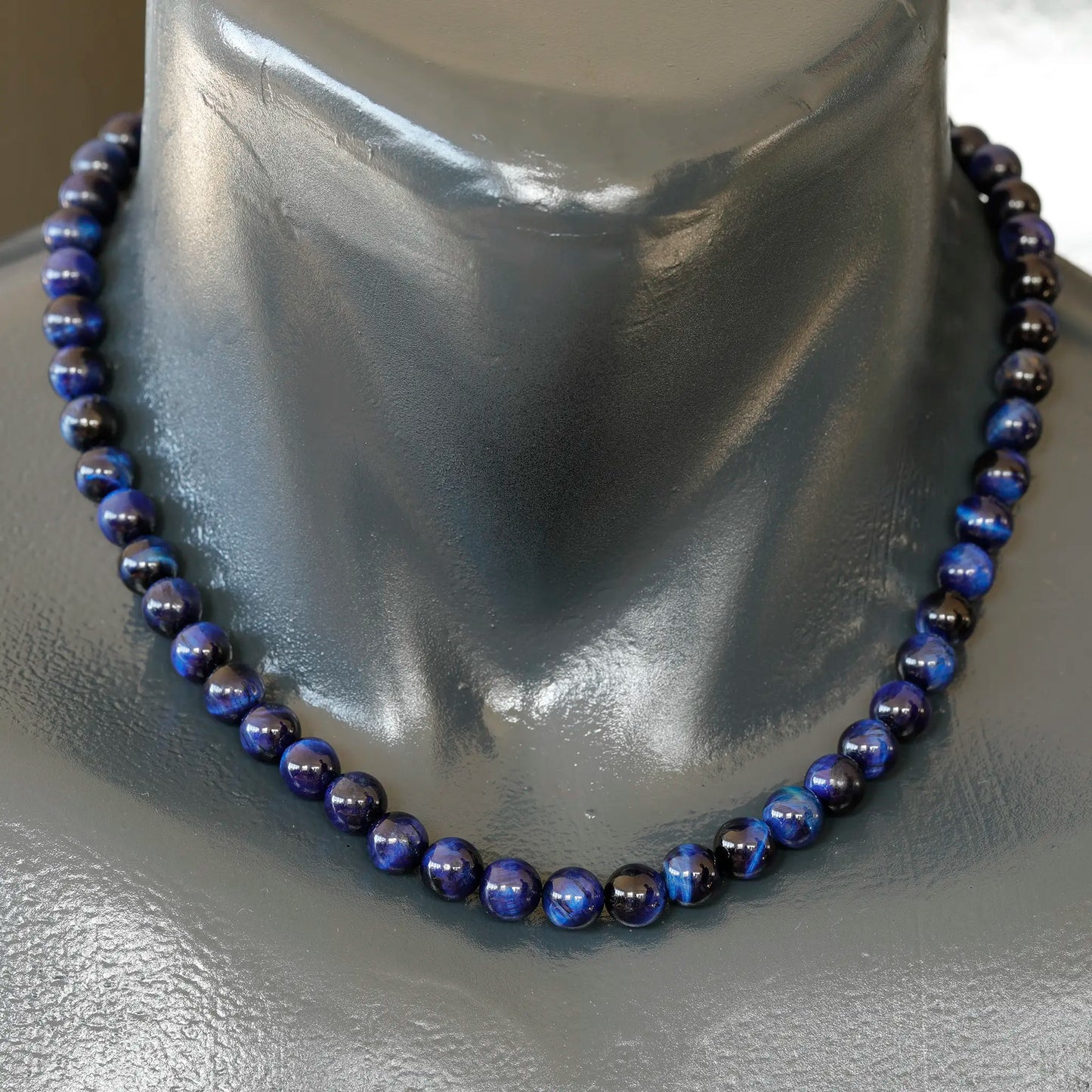 Natural Dark Blue Tiger Eye Beaded Clasp Choker Necklace - ElisaJewelryArt