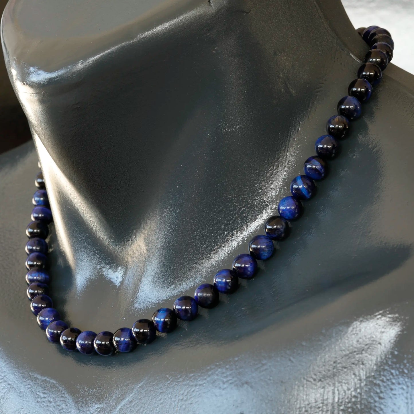 Natural Dark Blue Tiger Eye Beaded Clasp Choker Necklace - ElisaJewelryArt