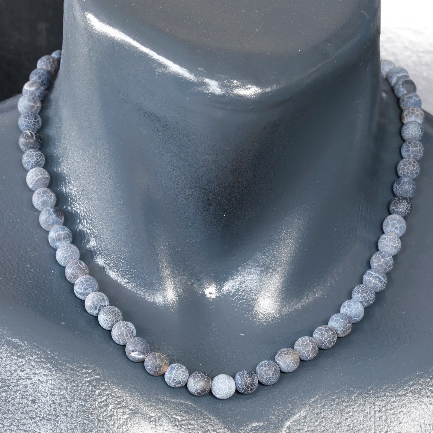 Natural Matte Crackle Blue Agate Beaded Clasp Choker Necklace - ElisaJewelryArt