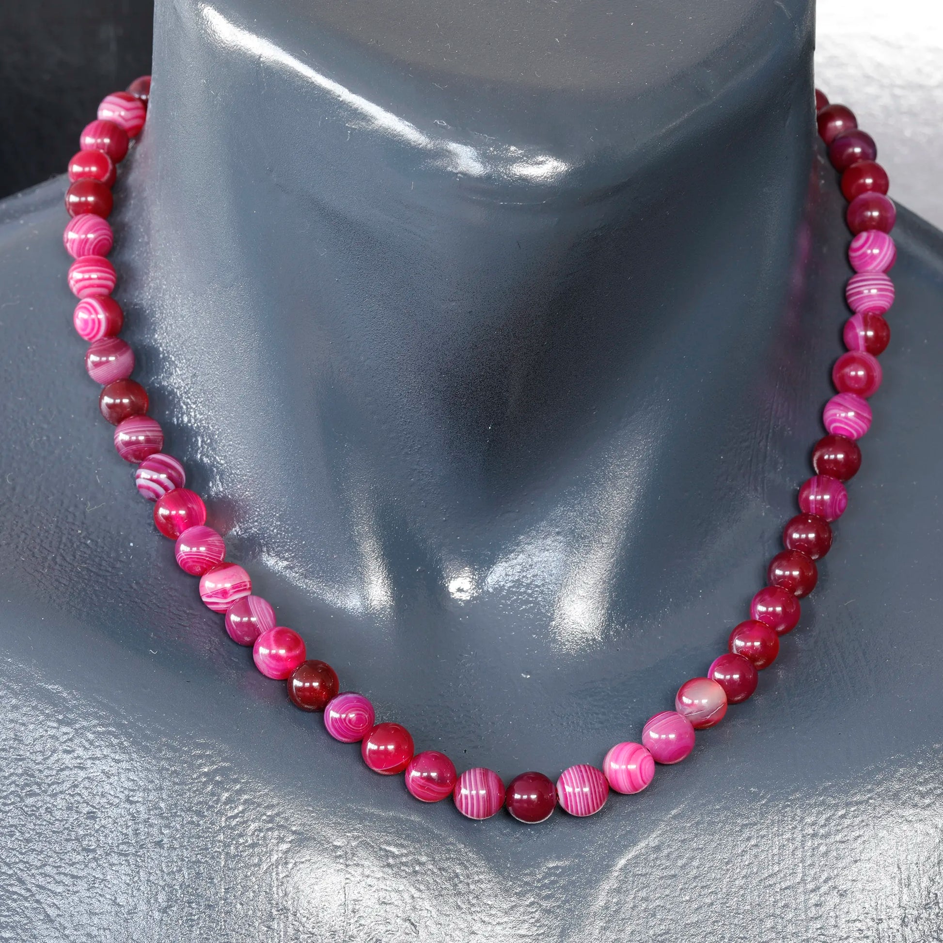 Natural Pink Agate Beaded Clasp Choker Necklace - ElisaJewelryArt