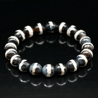 Natural Faceted Black Tibetan Agate Beaded Stretchy Bracelet