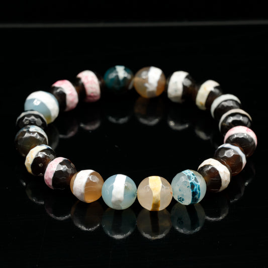 Natural Faceted Multi Colour Tibetan Agate Beaded Stretchy Bracelet