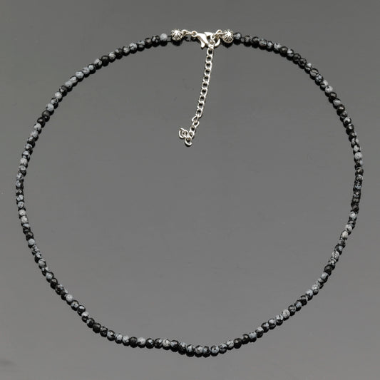 Natural Snowflake Obsidian Beaded Clasp Tiny Choker - ElisaJewelryArt