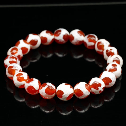 Natural Faceted White Spot Orange Tibetan Agate Beaded Stretchy Bracelet