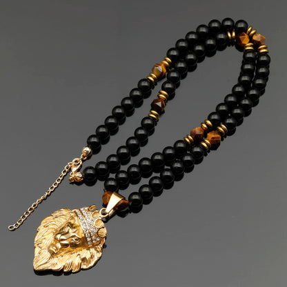 Zirconia Lion Pendant, Natural Tiger Eye & Black Onyx Beaded Clasp Necklace - ElisaJewelryArt