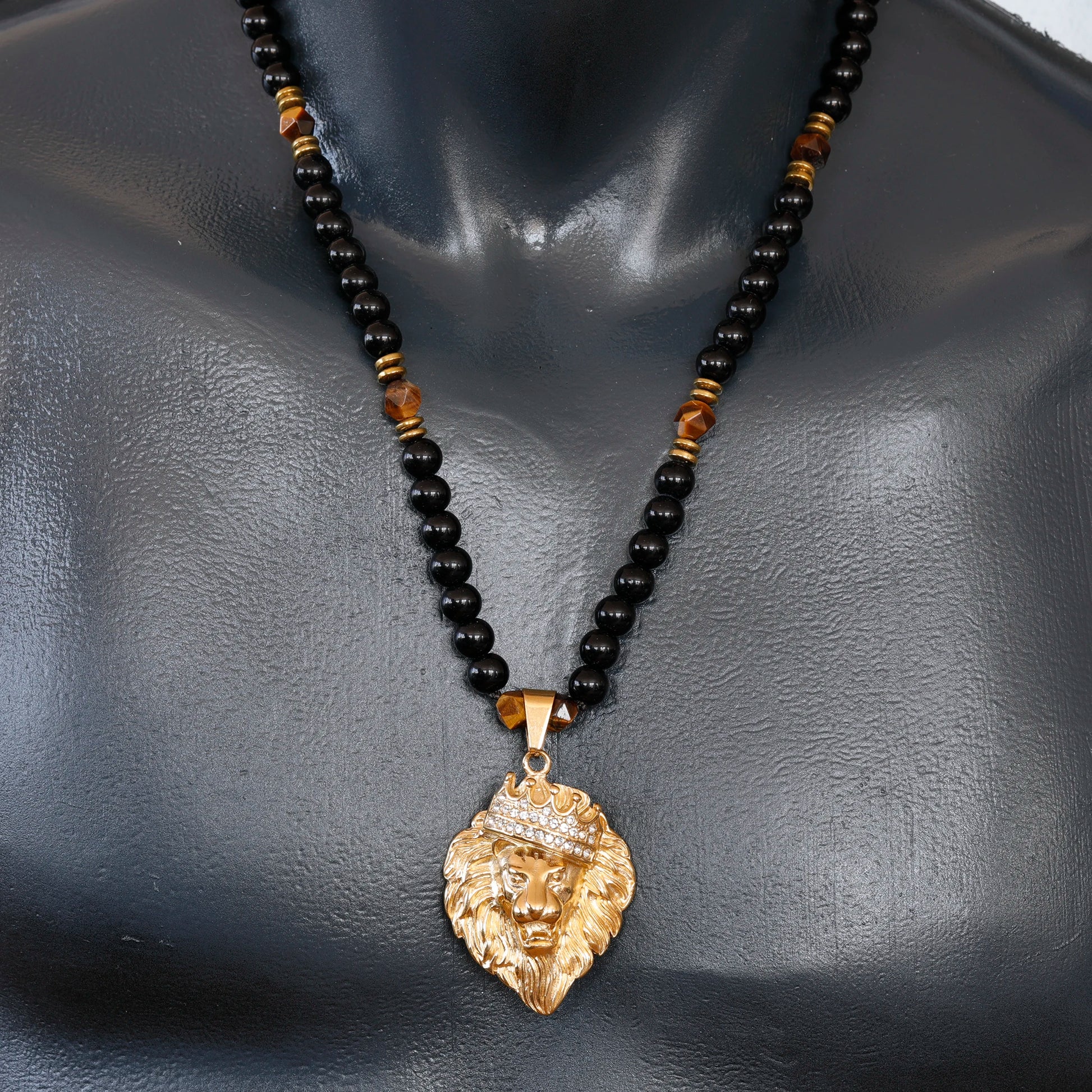 Zirconia Lion Pendant, Natural Tiger Eye & Black Onyx Beaded Clasp Necklace - ElisaJewelryArt