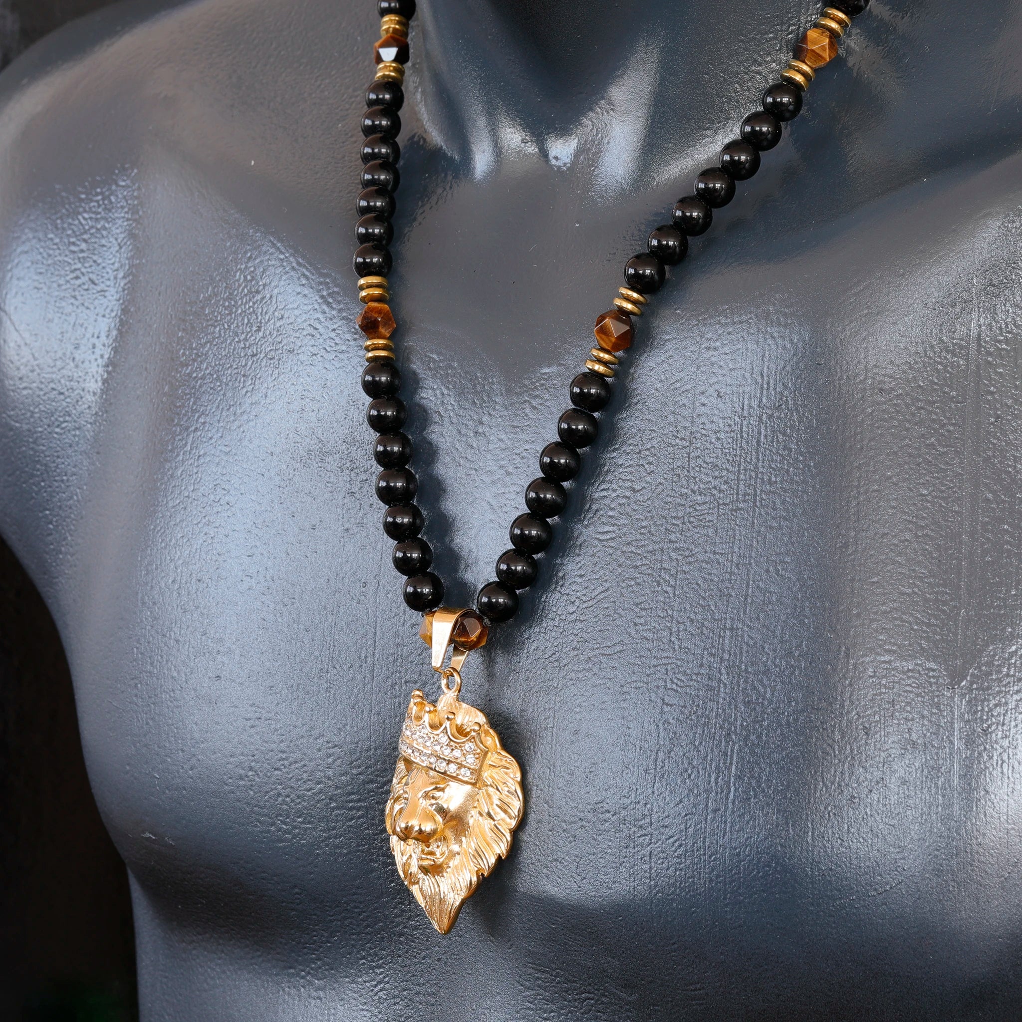Zirconia Lion Pendant, Natural Tiger Eye & Black Onyx Beaded Clasp Zirconia Lion Pendant, Natural Tiger Eye & Black Onyx Beaded Clasp