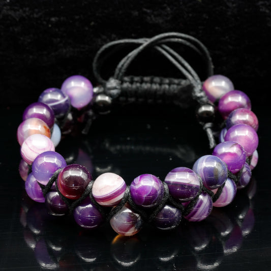 Natural Purple Agate Beaded Double Row Macrame Bracelet - ElisaJewelryArt