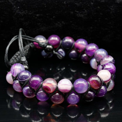 Natural Purple Agate Beaded Double Row Macrame Bracelet - ElisaJewelryArt