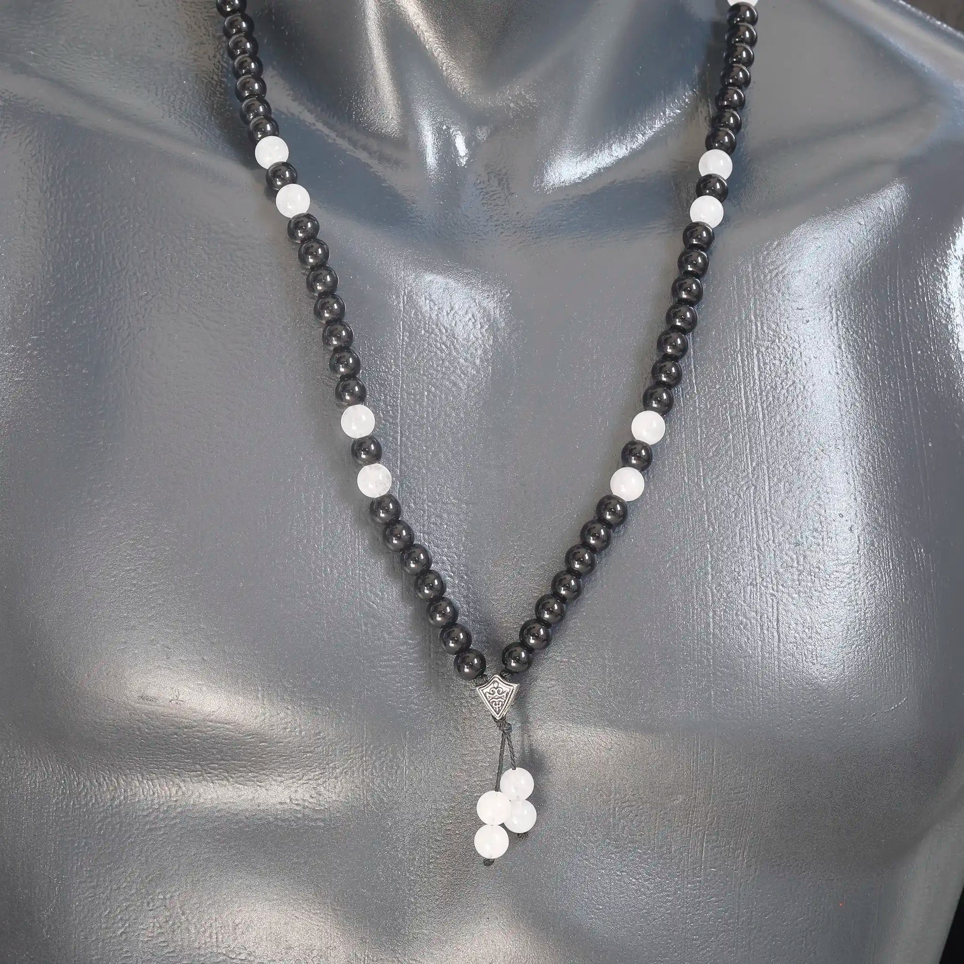 Natural Selenite & Black Onyx Beaded 108 Mala & Rosary Necklace - ElisaJewelryArt