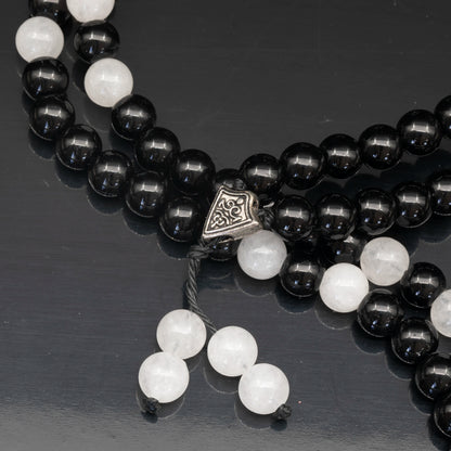 Natural Selenite & Black Onyx Beaded 108 Mala & Rosary Necklace - ElisaJewelryArt