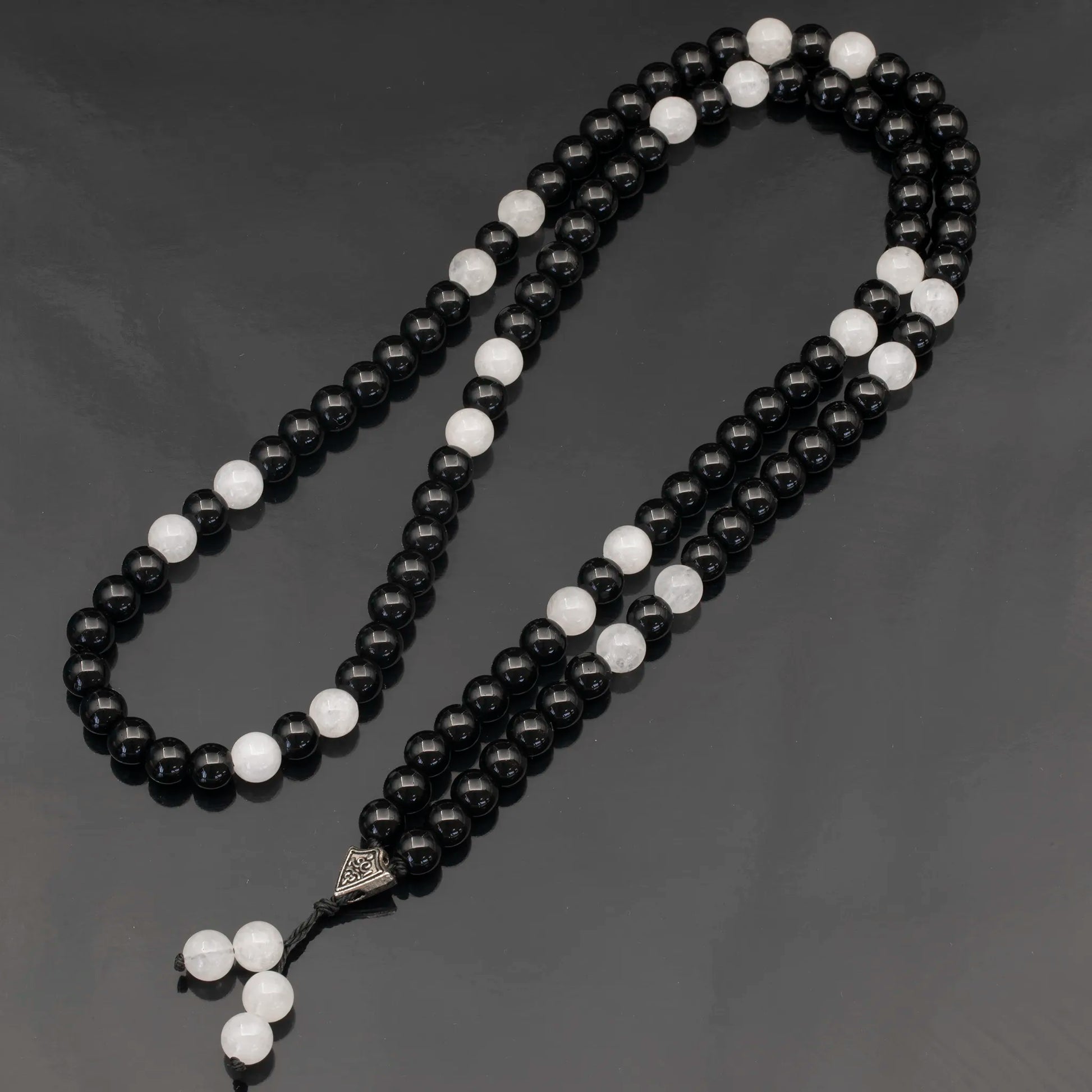 Natural Selenite & Black Onyx Beaded 108 Mala & Rosary Necklace - ElisaJewelryArt