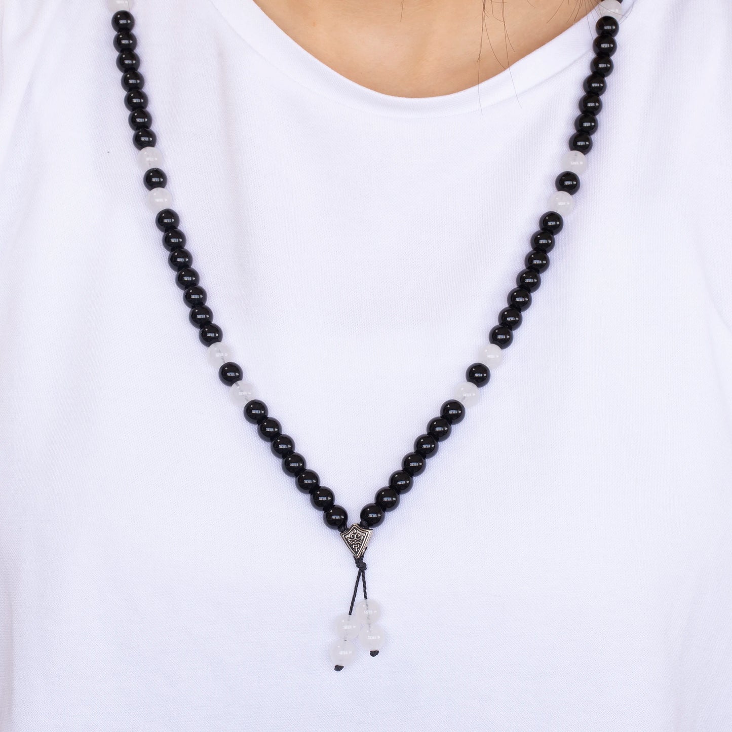 Natural Selenite & Black Onyx Beaded 108 Mala & Rosary Necklace - ElisaJewelryArt