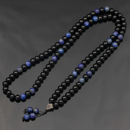 Natural Lapis Lazuli & Black Onyx Beaded 108 Mala & Rosary Necklace - ElisaJewelryArt