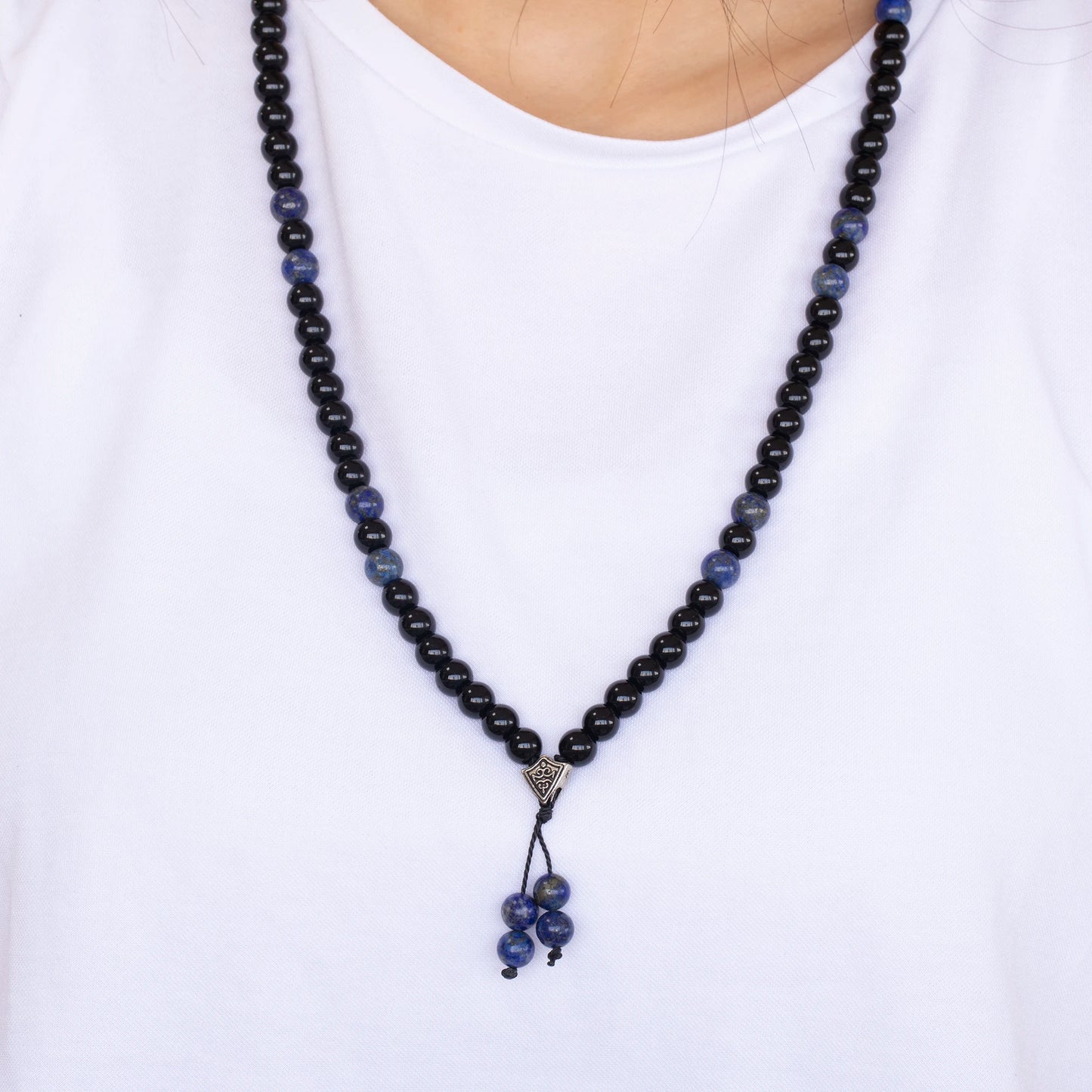 Natural Lapis Lazuli & Black Onyx Beaded 108 Mala & Rosary Necklace - ElisaJewelryArt