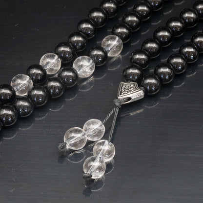 Natural Clear Quartz & Black Onyx Beaded 108 Mala & Rosary Necklace - ElisaJewelryArt