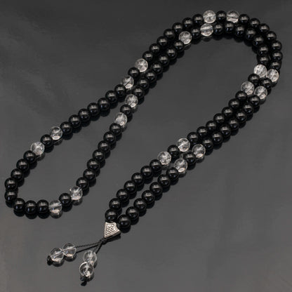 Natural Clear Quartz & Black Onyx Beaded 108 Mala & Rosary Necklace - ElisaJewelryArt