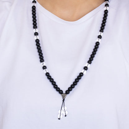 Natural Clear Quartz & Black Onyx Beaded 108 Mala & Rosary Necklace - ElisaJewelryArt