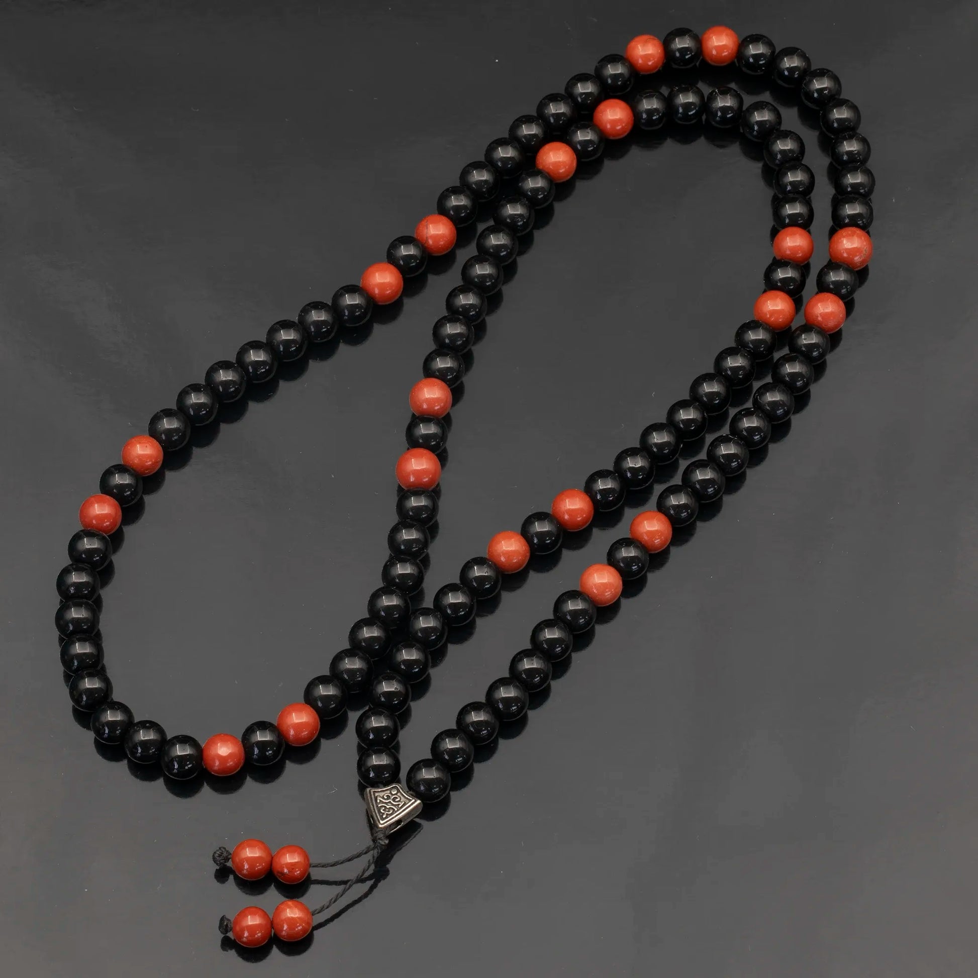 Natural Red Jasper & Black Onyx Beaded 108 Mala & Rosary Necklace - ElisaJewelryArt