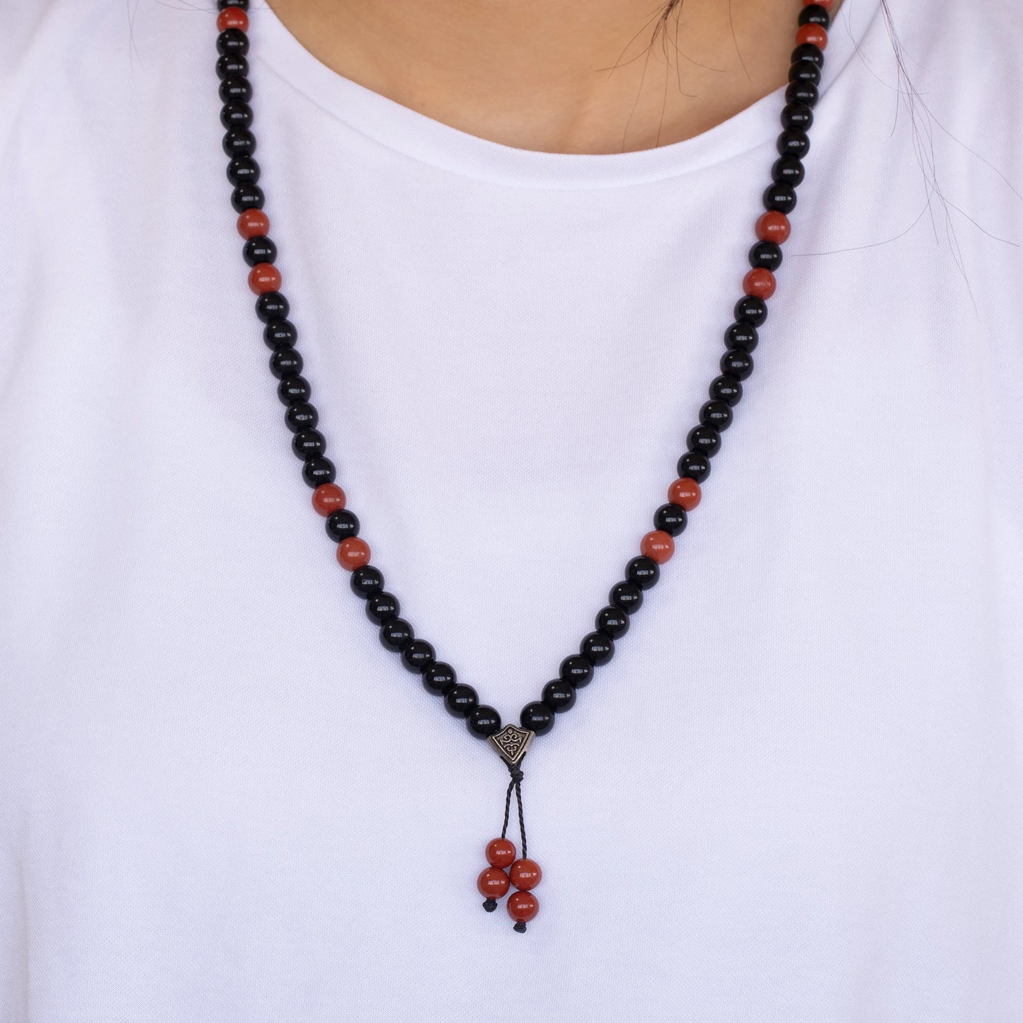 Natural Red Jasper & Black Onyx Beaded 108 Mala & Rosary Necklace - ElisaJewelryArt