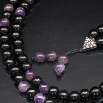 Natural Amethyst & Black Onyx Beaded 108 Mala & Rosary Necklace - ElisaJewelryArt