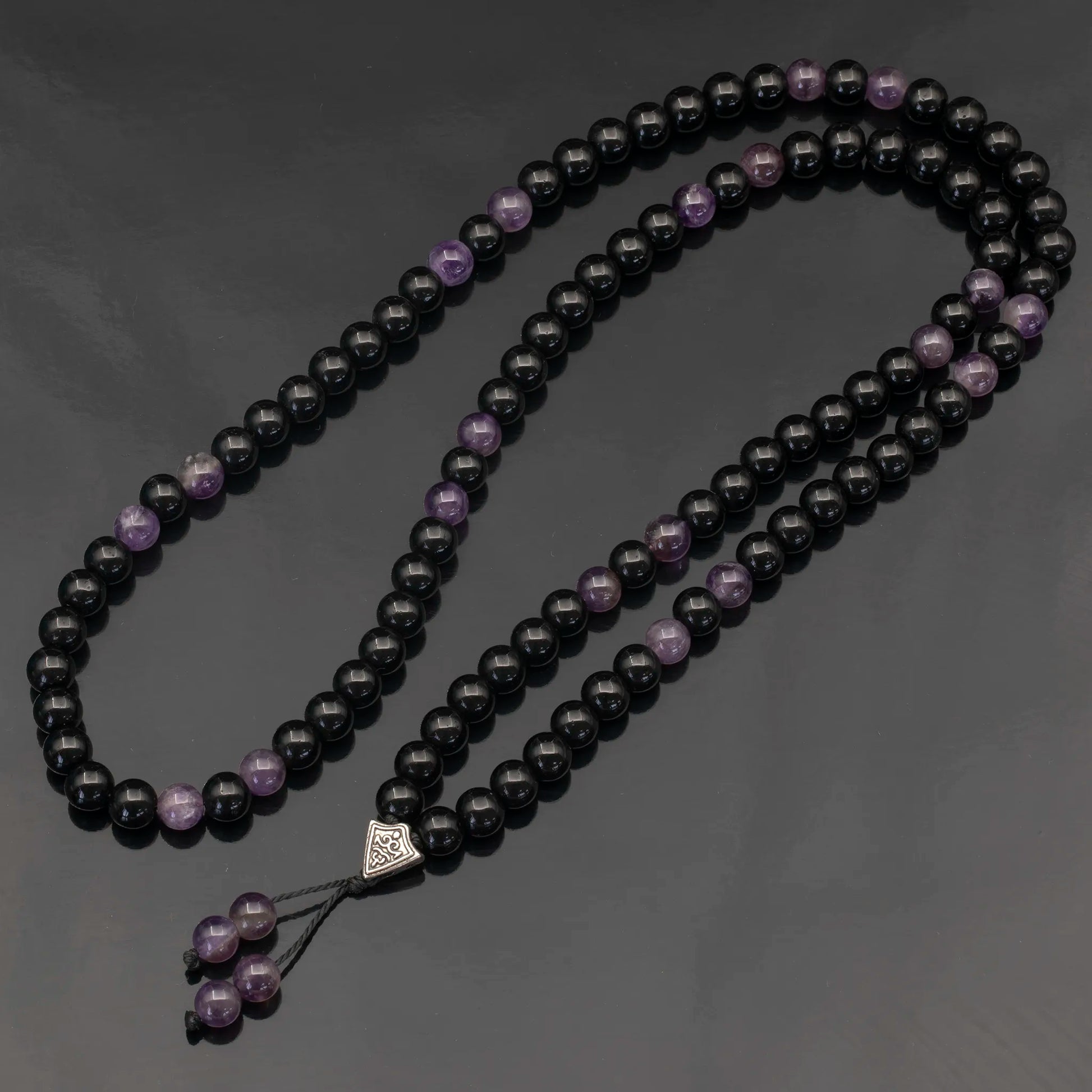 Natural Amethyst & Black Onyx Beaded 108 Mala & Rosary Necklace - ElisaJewelryArt