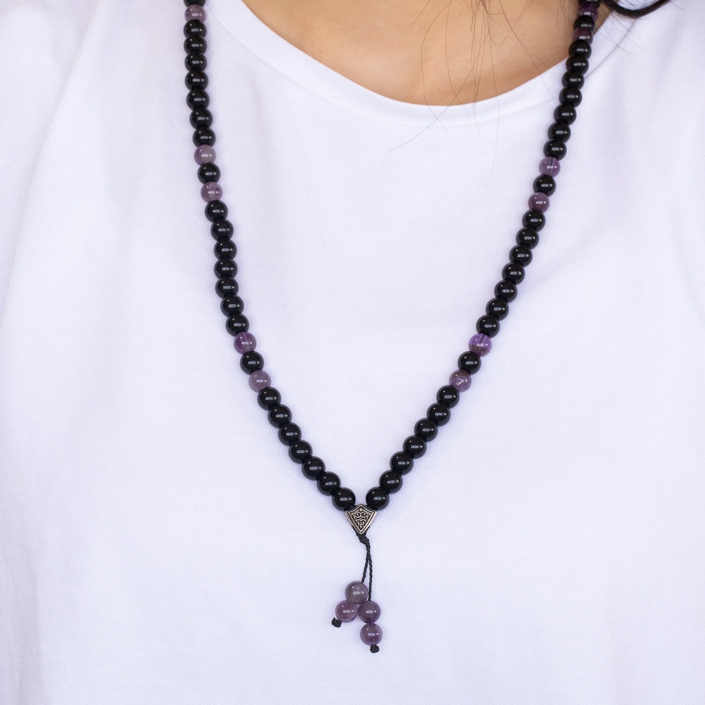 Natural Amethyst & Black Onyx Beaded 108 Mala & Rosary Necklace - ElisaJewelryArt