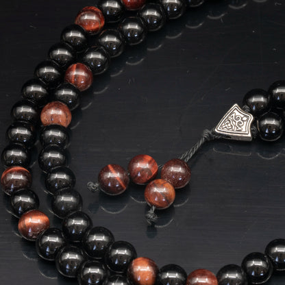 Natural Red Tiger Eye & Black Onyx Beaded 108 Mala & Rosary Necklace - ElisaJewelryArt