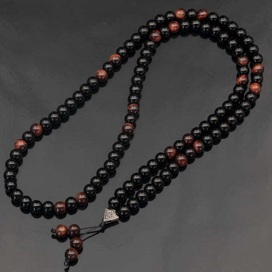 Natural Red Tiger Eye & Black Onyx Beaded 108 Mala & Rosary Necklace - ElisaJewelryArt